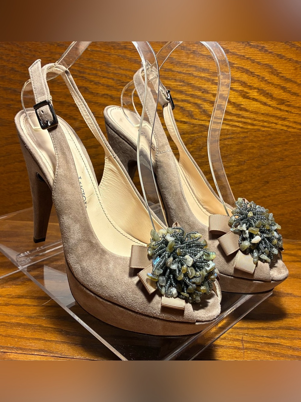 Gastone Lucioli ITALY Beaded Suede Platform Slingback Heels Taupe EU 38.5 US 8